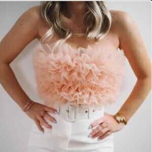 ZARA Strapless Crop Knit Tube Top with layers of Tulle in PINK size small